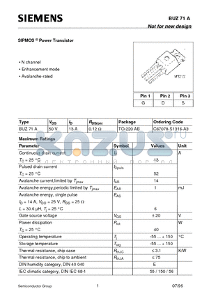 BUZ71A datasheet - SIPMOS Power Transistor (N channel Enhancement mode Avalanche-rated)