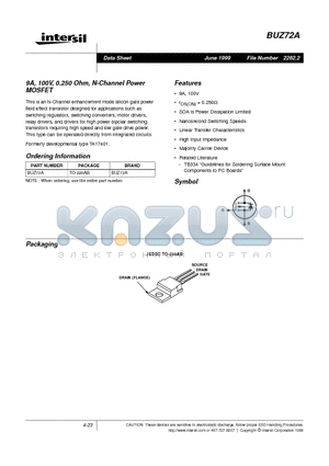 BUZ72A datasheet - 9A, 100V, 0.250 Ohm, N-Channel Power MOSFET