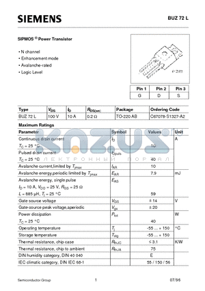 BUZ72L datasheet - SIPMOS Power Transistor (N channel Enhancement mode Avalanche-rated Logic Level)