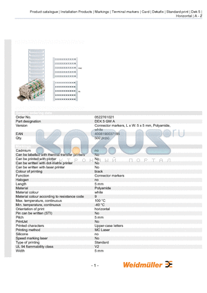 0522761024 datasheet - Connector markers, L x W: 5 x 5 mm, Polyamide, white