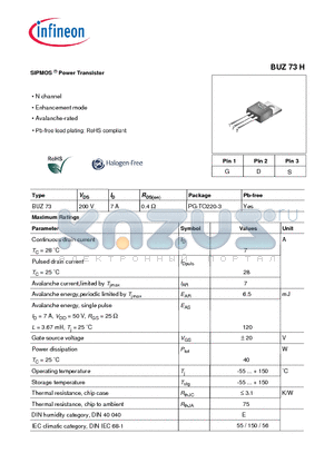 BUZ73H datasheet - SIPMOS Power Transistor