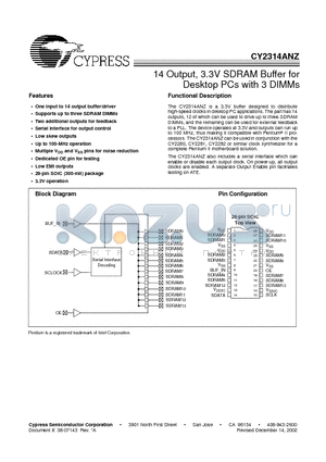 CY2314ANZ datasheet - 14 Output, 3.3V SDRAM Buffer for Desktop PCs with 3 DIMMs