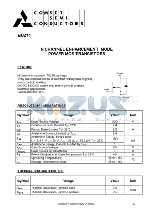 BUZ74 datasheet - N CHANNEL ENHANCEMENT MODE POWER MOS TRANSISTORS
