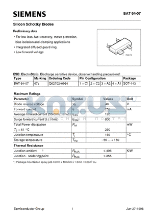 BAT64-07 datasheet - Silicon Schottky Diodes (For low-loss, fast-recovery, meter protection, bias isolation and clamping applications Integrated diffused guard ring)