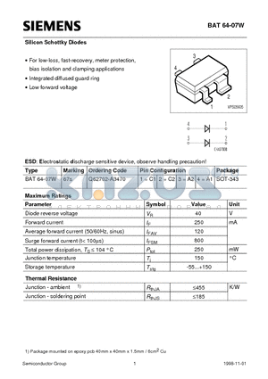 BAT64-07W datasheet - Silicon Schottky Diodes (For low-loss, fast-recovery, meter protection, bias isolation and clamping applications Integrated diffused guard ring)