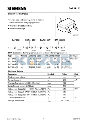 BAT64W datasheet - Silicon Schottky Diodes (For low-loss, fast-recovery, meter protection, bias isolation and clamping applications Integrated diffused guard ring)