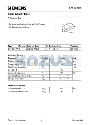 BAT68-03W datasheet - Silicon Schottky Diode (For mixer applications in the VHF/UHF range For high speed switching)