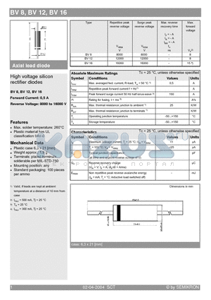 BV16 datasheet - High voltage silicon rectifier diodes