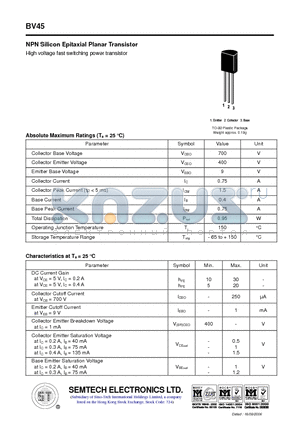 BV45 datasheet - NPN Silicon Epitaxial Planar Transistor