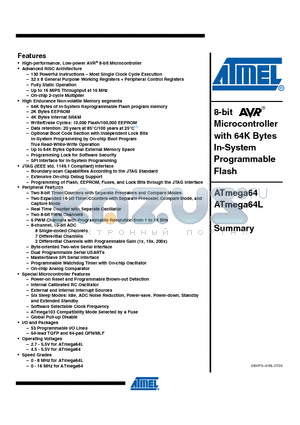 ATMEGA64 datasheet - 8-bit Microcontroller with 64K Bytes In-System Programmable Flash