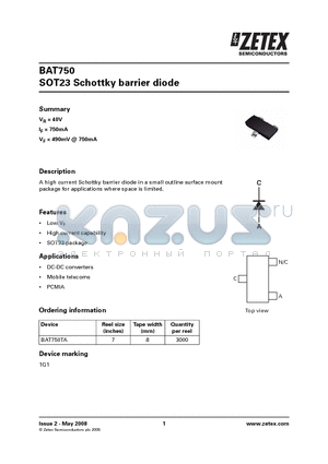 BAT750 datasheet - SOT23 Schottky barrier diode