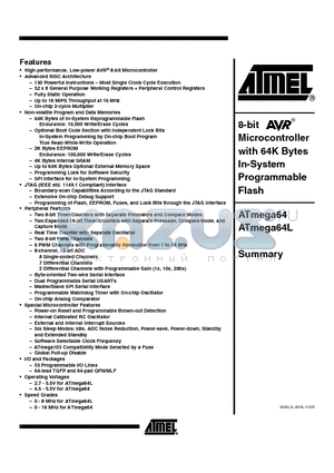 ATMEGA64 datasheet - 8-bit Microcontroller with 64K Bytes In-System Programmable Flash