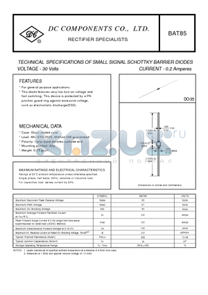 BAT85 datasheet - TECHNICAL SPECIFICATIONS OF SMALL SIGNAL SCHOTTKY BARRIER DIODES