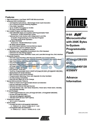 ATMEGA640 datasheet - 8- BIT Microcontroller with 256K Bytes In-System Programmable Flash
