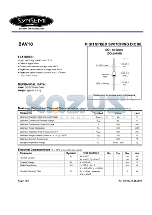 BAV10 datasheet - HIGH SPEED SWITCHING DIODE