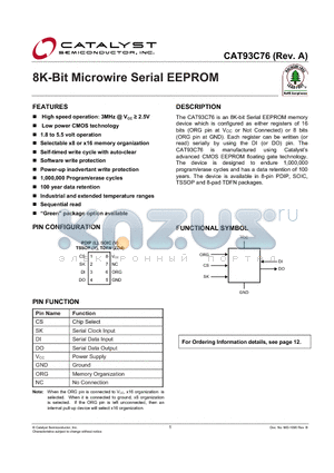 CAT93C76LE-T2 datasheet - 8K-Bit Microwire Serial EEPROM