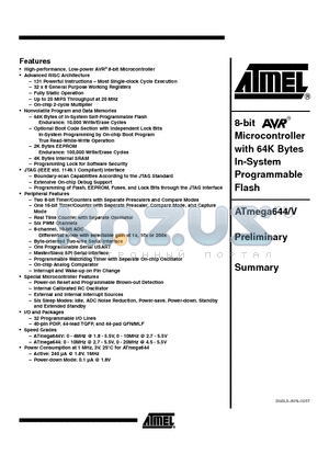 ATMEGA644-20AU datasheet - 8-bit Microcontroller with 64K Bytes In-System Programmable Flash
