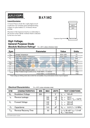 BAV102 datasheet - High Voltage, General Purpose Diode
