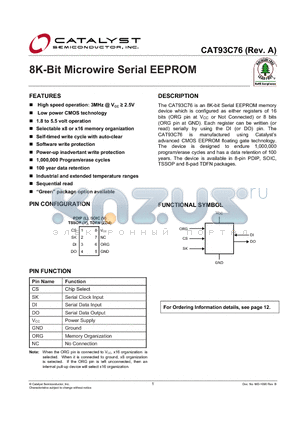 CAT93C76YI-GT2 datasheet - 8K-Bit Microwire Serial EEPROM