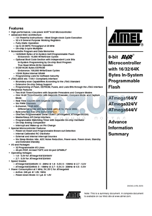 ATMEGA644V-10MU datasheet - 8-bit Microcontroller with 16/32/64K Bytes In-System Programmable Flash