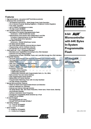 ATMEGA64-16MU datasheet - 8-bit Microcontroller with 64K Bytes In-System Programmable Flash