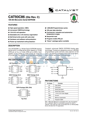 CAT93C86JATE13 datasheet - 16K-Bit Microwire Serial EEPROM
