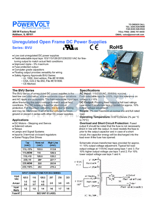 BVU-20CU3 datasheet - Unregulated Open Frame DC Power Supplies