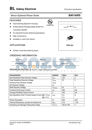 BAV16WS datasheet - Silicon Epitaxial Planar Diode