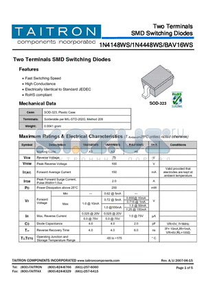 BAV16WS datasheet - Two Terminals SMD Switching Diodes