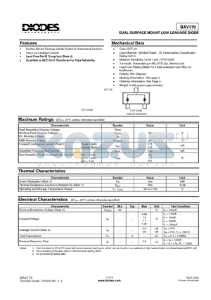 BAV170-7-F datasheet - DUAL SURFACE MOUNT LOW LEAKAGE DIODE