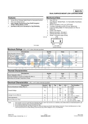 BAV170-7-F datasheet - DUAL SURFACE MOUNT LOW LEAKAGE DIODE