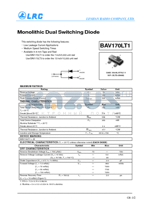 BAV170LT1 datasheet - Monolithic Dual Switching Diode