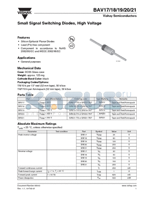 BAV19 datasheet - Small Signal Switching Diodes, High Voltage