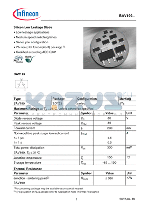 BAV199 datasheet - Silicon Low Leakage Diode