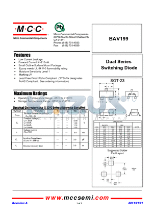 BAV199 datasheet - Dual Series Switching Diode