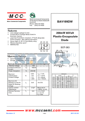 BAV199DW datasheet - 200mW 85Volt Plastic-Encapsulate Diode