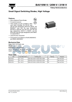 BAV19W-V-GS18 datasheet - Small Signal Switching Diodes, High Voltage