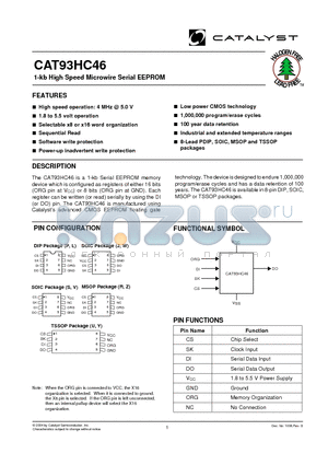 CAT93HC46 datasheet - 1-kb High Speed Microwire Serial EEPROM