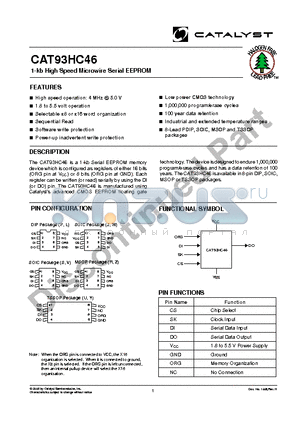 CAT93HC46PA-18TE13 datasheet - 1-kb High Speed Microwire Serial EEPROM