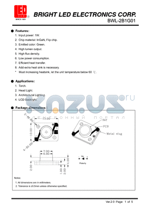 BWL-2B1G01 datasheet - 1W InGaN Flip chip Green Low power consumption