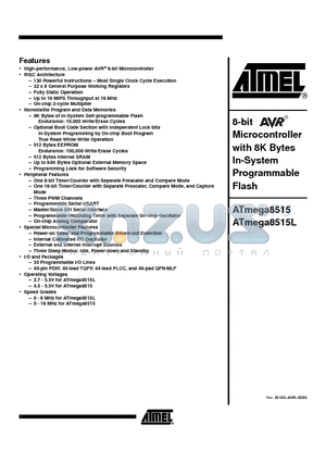 ATMEGA8515 datasheet - 8-bit AVR Microcontroller with 8K Bytes In-System Programmable Flash