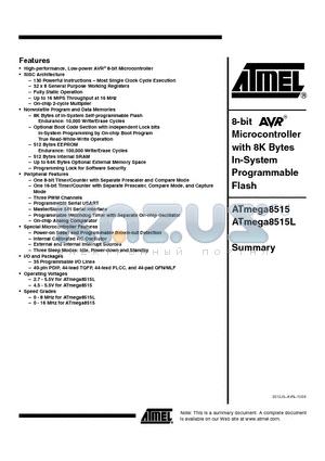 ATMEGA8515 datasheet - 8-bit Microcontroller with 8K Bytes In-System Programmable Flash