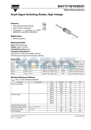 BAV21 datasheet - Small Signal Switching Diodes, High Voltage