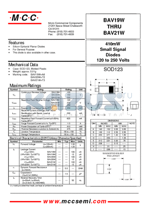 BAV21W datasheet - 410mW Small Signal Diodes 120 to 250 Volts