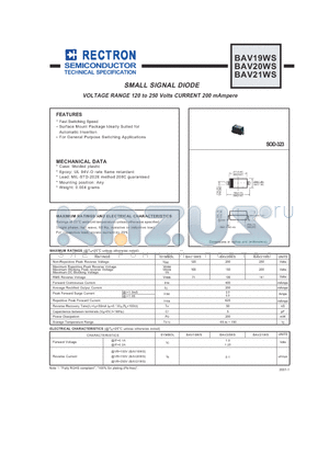 BAV21WS datasheet - SMALL SIGNAL DIODE VOLTAGE RANGE 120 to 250 Volts CURRENT 200 mAmpere