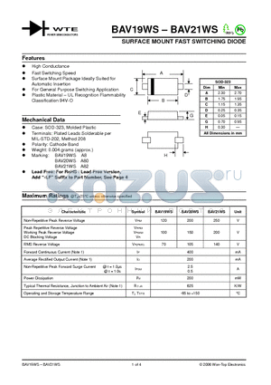 BAV21WS-T1 datasheet - SURFACE MOUNT FAST SWITCHING DIODE