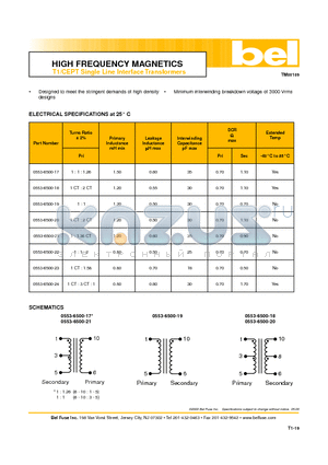 0553-6500-18 datasheet - T1/CEPT Single Line Interface Transformers