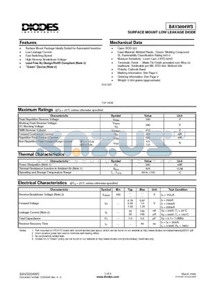 BAV3004WS datasheet - SURFACE MOUNT LOW LEAKAGE DIODE