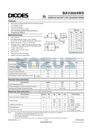 BAV3004WS-7 datasheet - SURFACE MOUNT LOW LEAKAGE DIODE