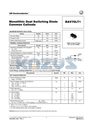 BAV70LT1 datasheet - Monolithic Dual Switching Diode Common Cathode